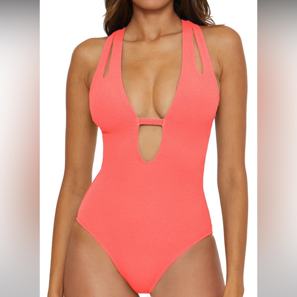NEW Becca Coral Pucker Up Tear Drop One piece Swimsuit Medium Ribbed Cut Out NWT